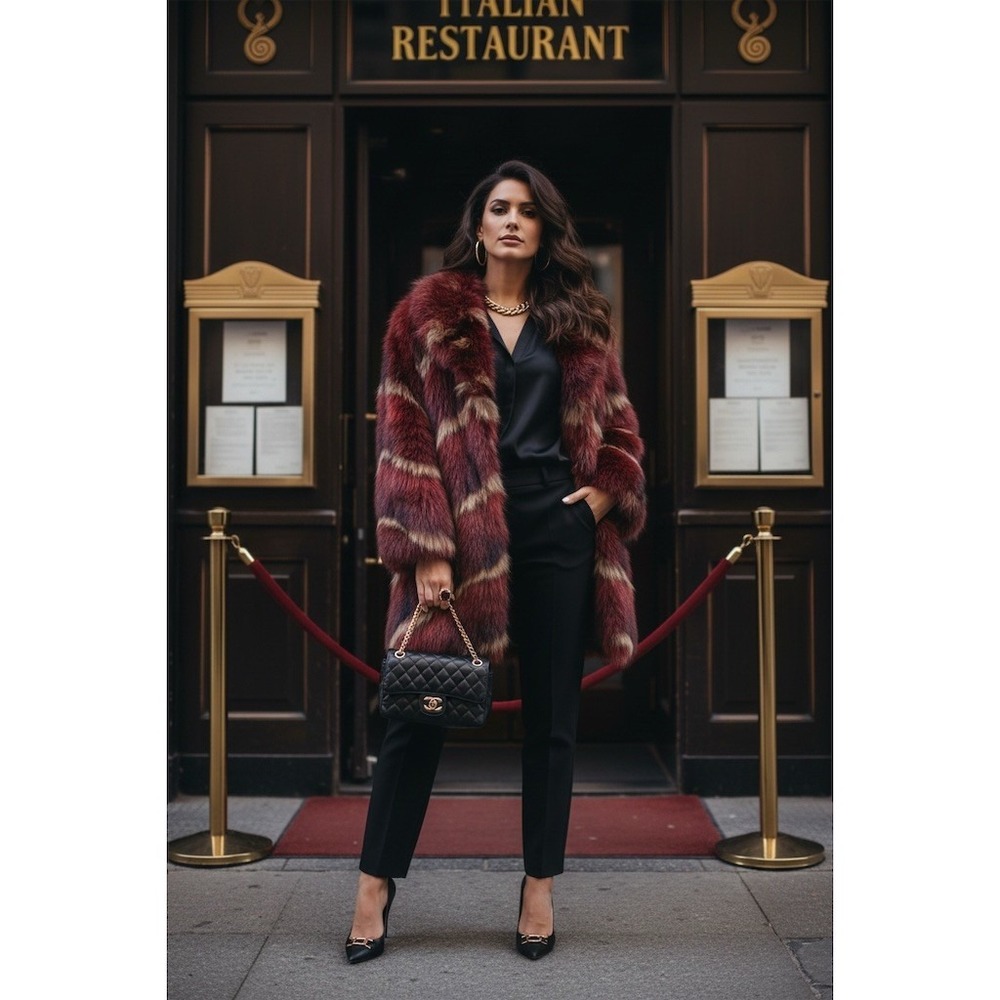 Mano Swartz Est 1889 Jacket M Burgundy Striped Real Fur Toggle mob wife animal